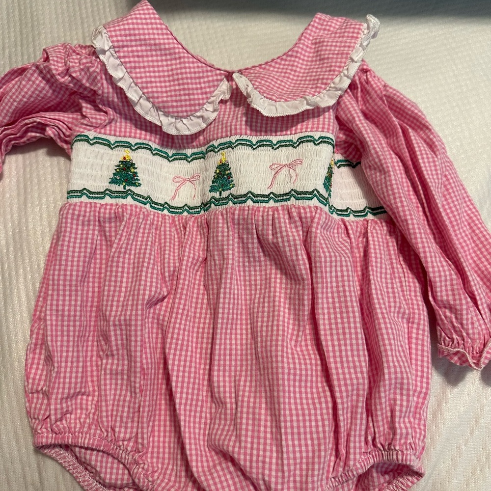 Pink Gingham Baby Romper with Christmas Embroidery